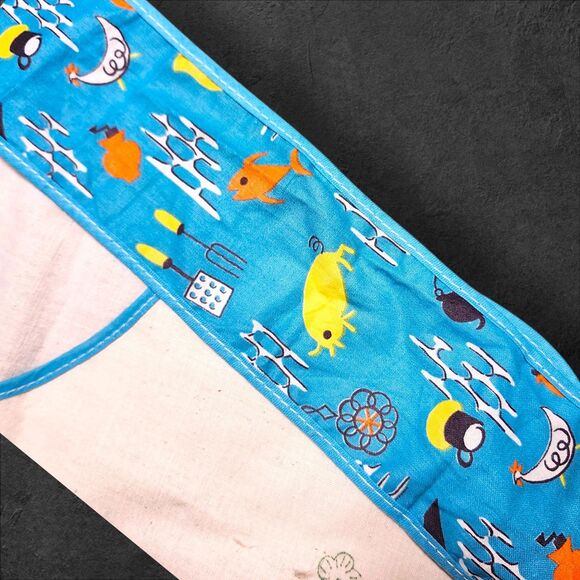 Vintage 1960s Waist Apron Blue Kitchen Print & Unfinished Embroidery Panel Flora - Picture 2 of 6